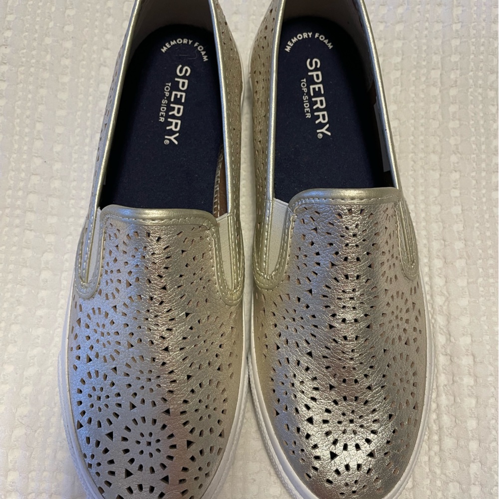 Brand New Gold Eyelet Sperry Slip-ons